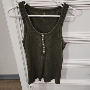 AERIE Dark Green Ribbed Tank with Buttons